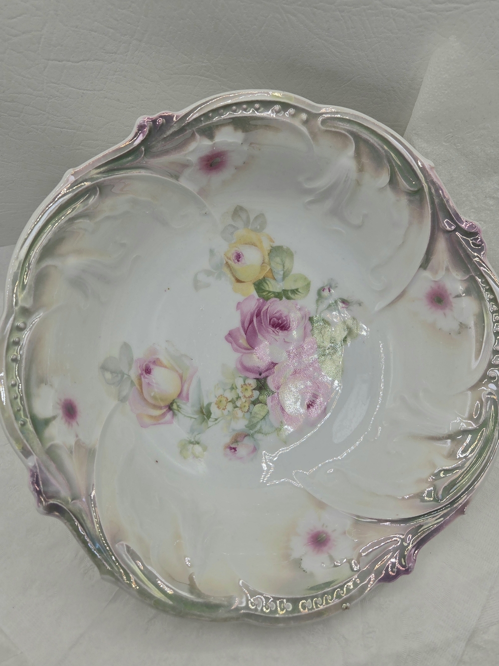 Antique Bavaria Bowl Floral Porcelain Pink Roses Lustre Decorative 1920s 10".